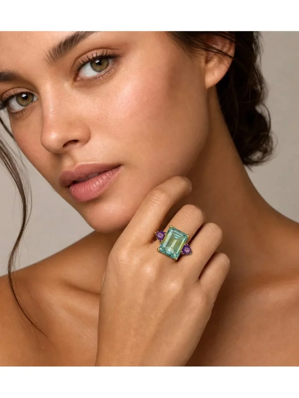 Genuine 10.05 Cts Green Fluorite & Amethyst Ring Solid 10k Gold